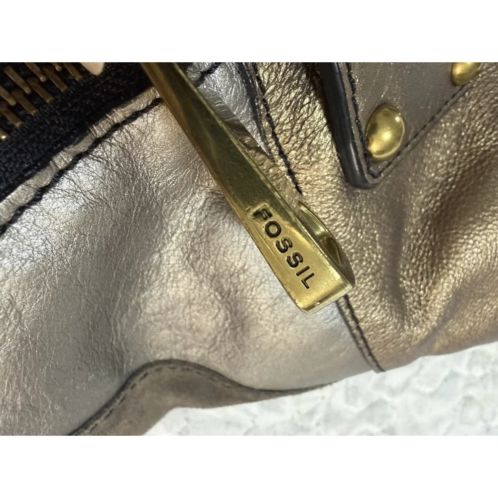 Fossil Handbag Patchwork Bronze Brown Suede Silver‎ Leather Shoulder Handbag